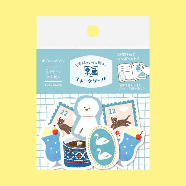 Sticker pack featuring cute winter-themed stickers including fluffy dog, swans, cats, and colourful cups, shown in its retail packaging against a pale yellow background.
