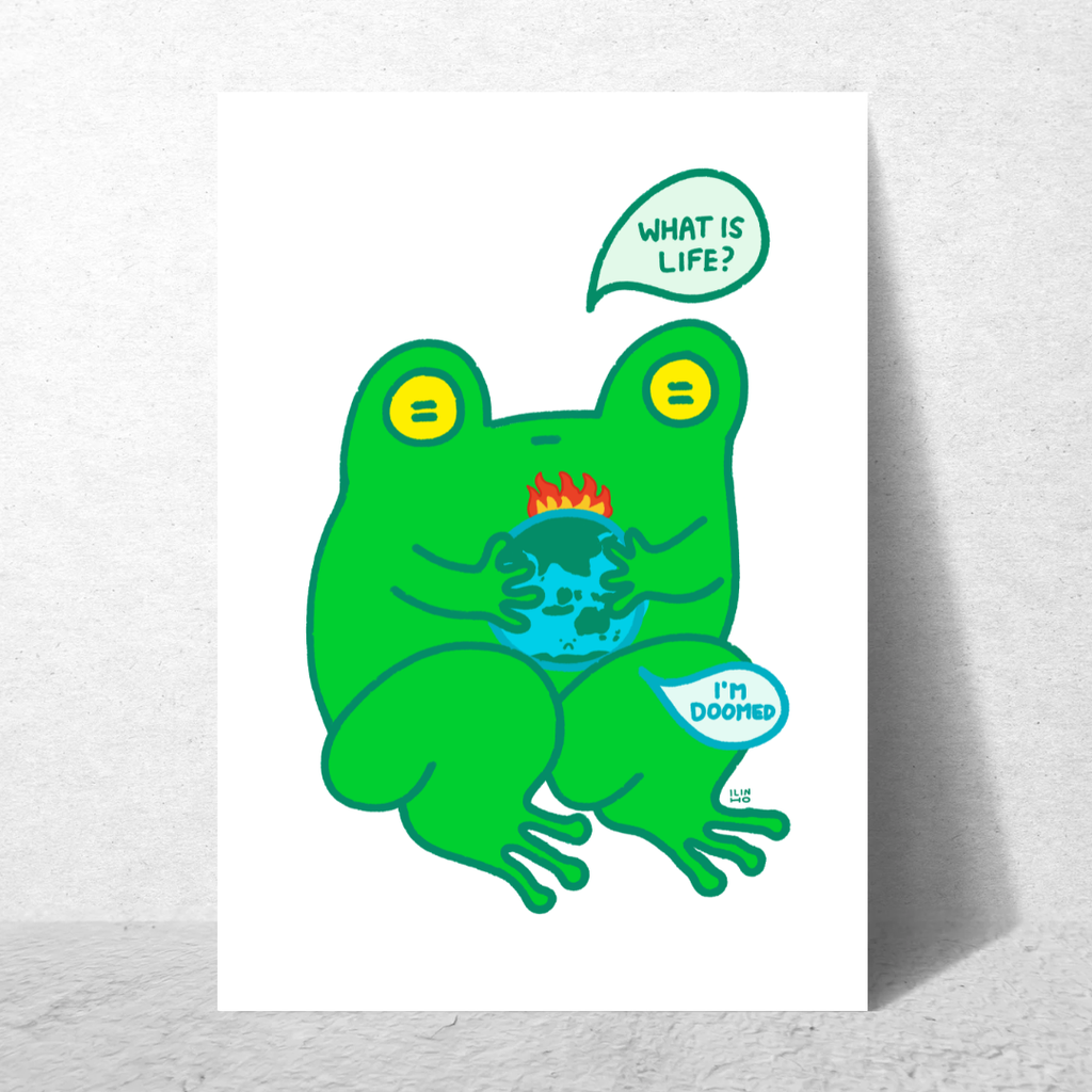 Green frog illustration with a speech bubble on a white background
