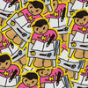 A repeating pattern of cartoon stickers showing a figure drawing, with a pink shirt, yellow star, black hair, grey desk, and bright yellow outlines.
