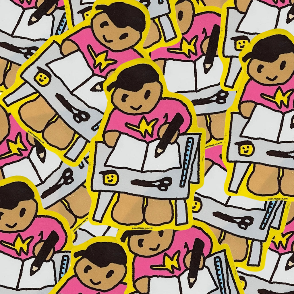 A repeating pattern of cartoon stickers showing a figure drawing, with a pink shirt, yellow star, black hair, grey desk, and bright yellow outlines.