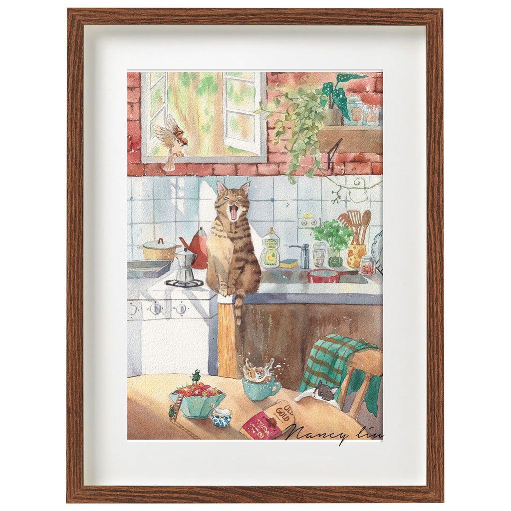 Framed artwork of a cat yawning in a kitchen.