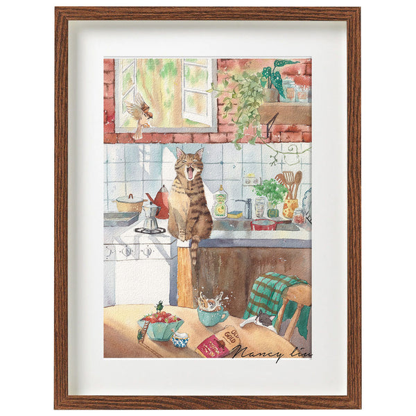Framed artwork of a cat yawning in a kitchen.
