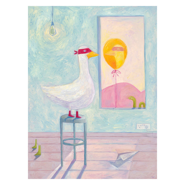A whimsical painting of a white goose wearing a red bandana and red shoes, standing on a stool in a pastel room. A mirror reflects a yellow balloon face, with pink hills in the background.
