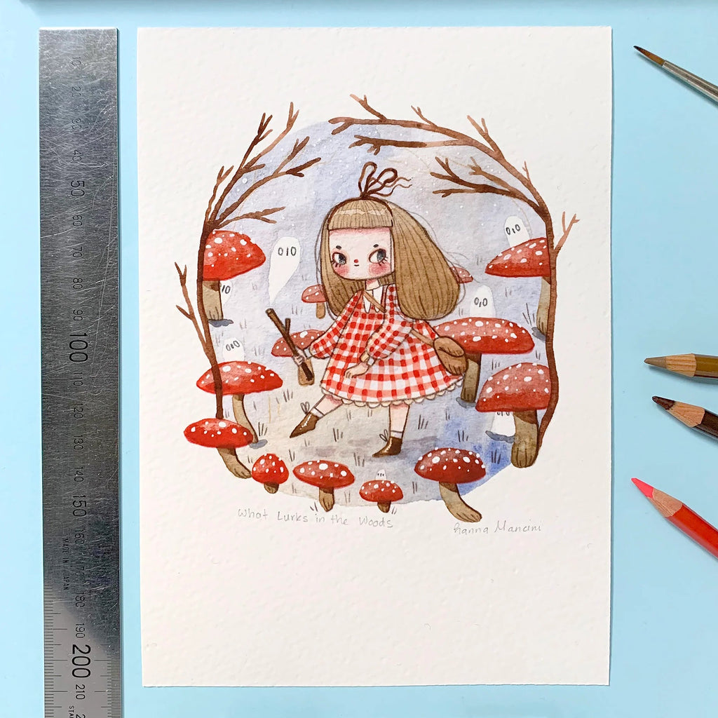Illustration of a girl in a red dress surrounded by mushrooms on a blue background with art supplies.