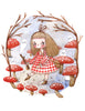 Illustration of a girl in a red checkered dress surrounded by red mushrooms and branches.