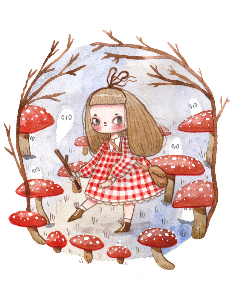 Illustration of a girl in a red checkered dress surrounded by red mushrooms and branches.