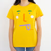 A model wearing the boo tee. Blue coloured tee, with a stylised face with tongue poking out. 
