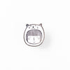 Enamel pin featuring a hand-drawn girl’s face a cat head costume.