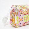 Side and strap view of the Coral everyday bag. Bright multicoloured impressionistic undersea patterns. 