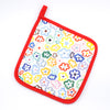 Top view of the Daisy print pot holder. Multi-coloured daisies on a white background
