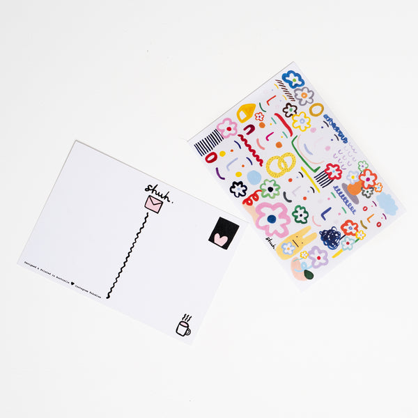 A picture containing the front and the reverse side of the flower lovers post card. Multicoloured faces, lines, patterns, and flowers on a white background.