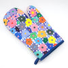 Top view of the flower oven mitt. Multicoloured flowers over the top of a blue and white checked background.