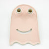 Top view of the ghost trinket dish. Two spouts act as eyes and can hold flowers. Dish is ghost shaped. Pink colour, and a cutout smile. 