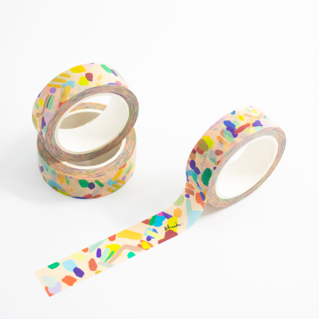 3 rolls of the Hanging Out washi tape. Multicoloured splotches on a pink background. 