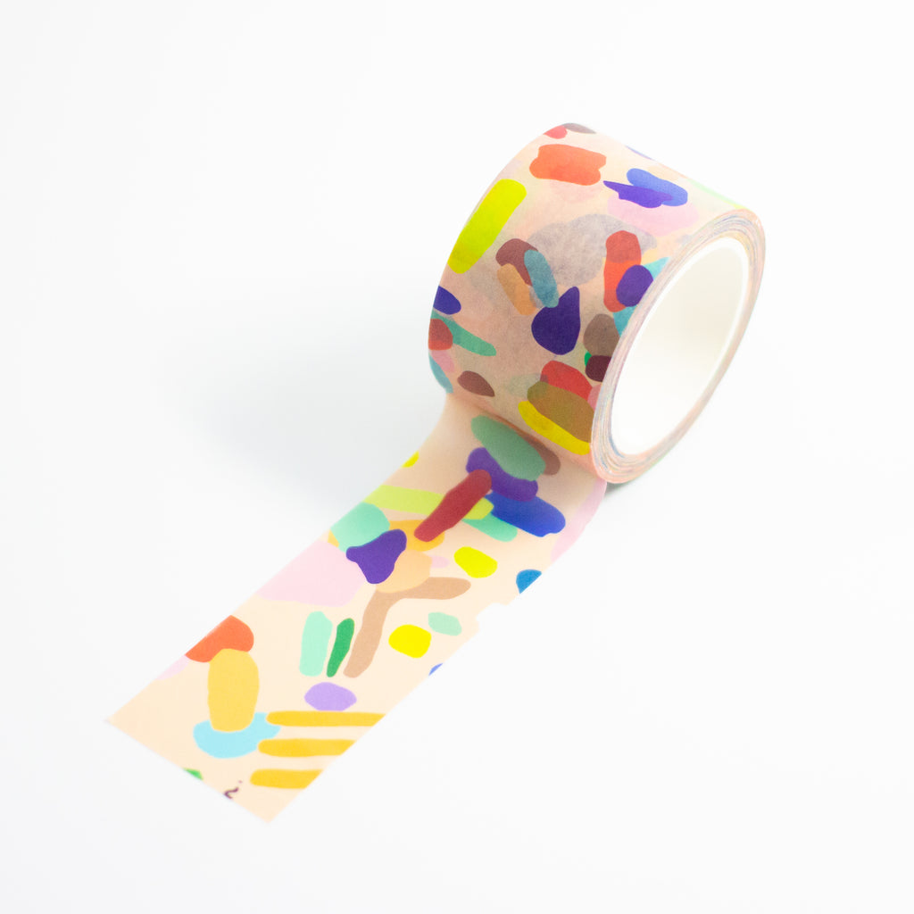 1 roll of the Hanging Out washi tape. Multicoloured splotches on a pink background. 
