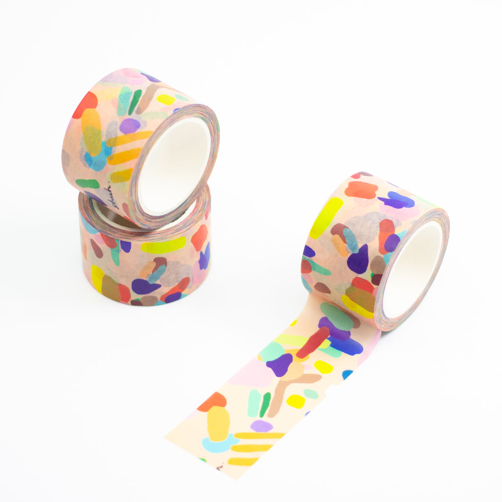 3 rolls of the Hanging Out washi tape. Multicoloured splotches on a pink background. 