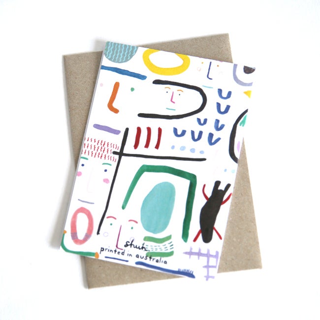 Back view of the people print card. Faces and shapes on a white background. 