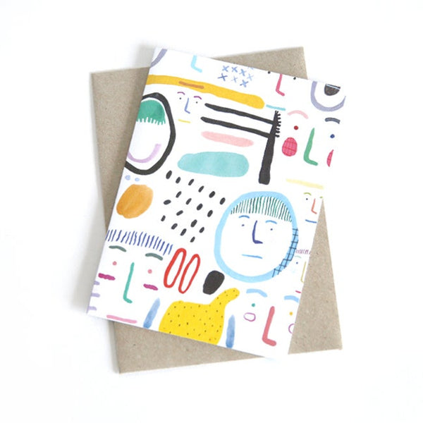 Front view of the people print card. Faces and shapes on a white background. 