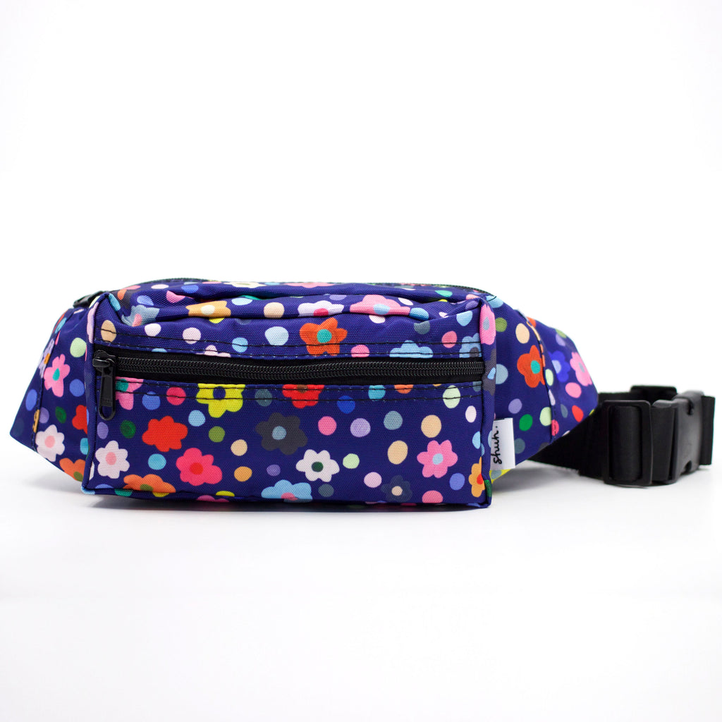 Front view of Salad bumbag. Print has multicoloured flowers on a navy background