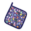 Salad pot holder. Front view. Flowers and polkadots, all multicoloured, on a navy background. 