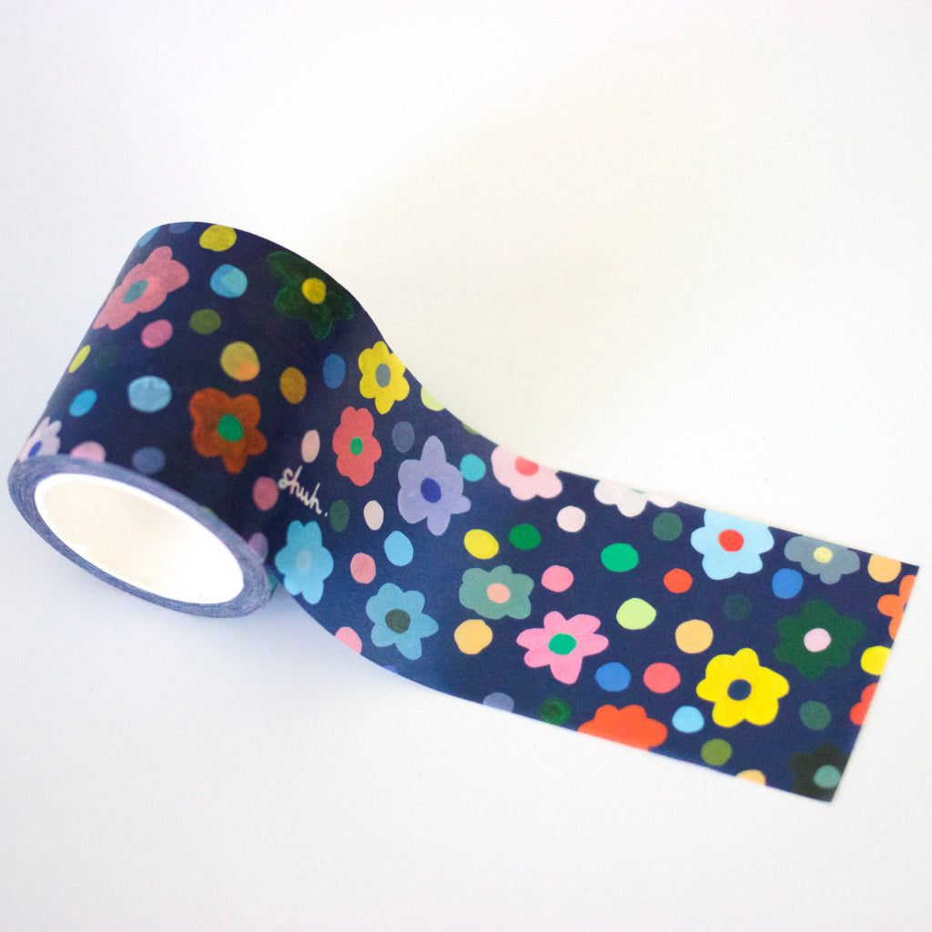 1 roll of the Salad washi tape. Flowers and polka dots on a blue background.
