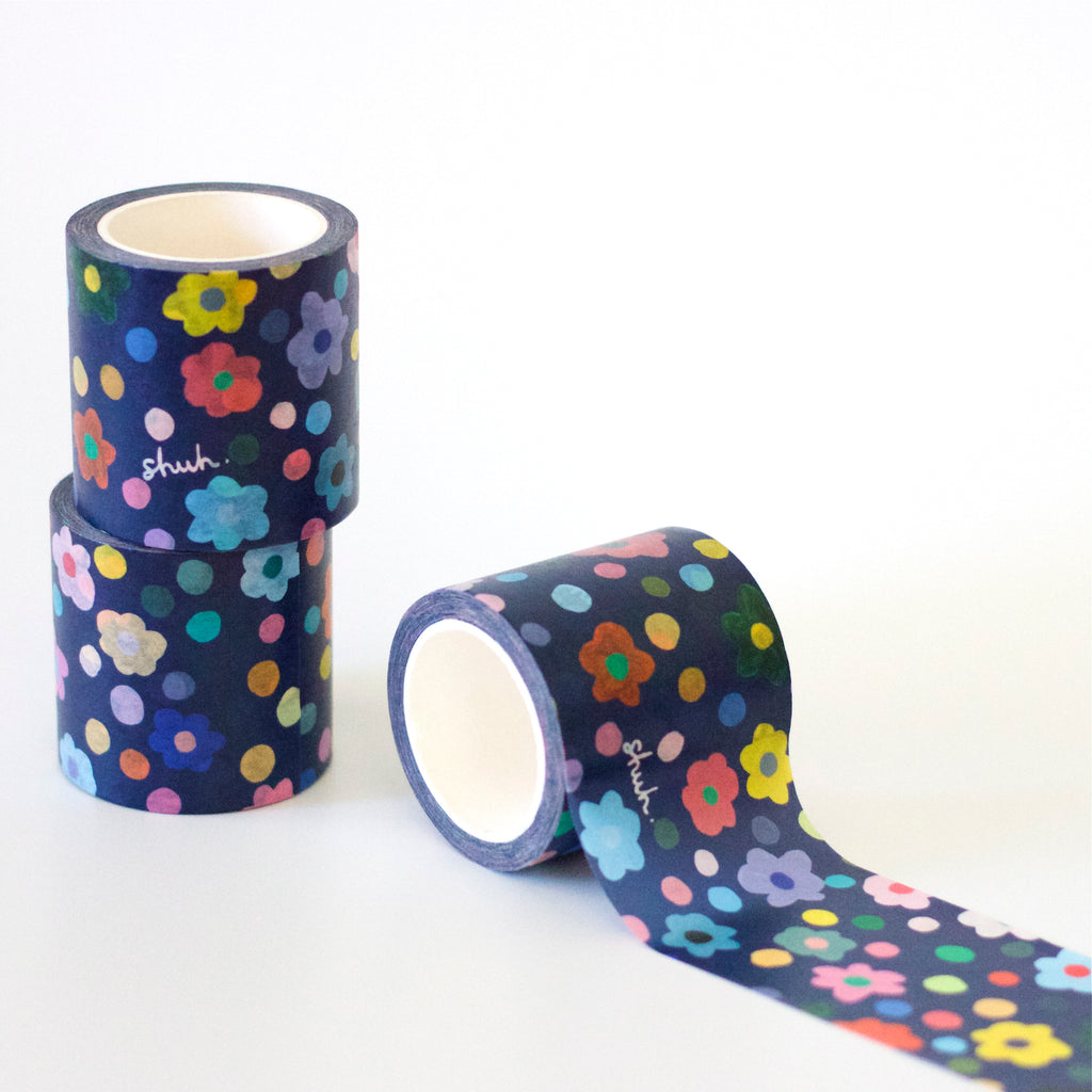 3 rolls of the Salad washi tape. Flowers and polka dots on a blue background.