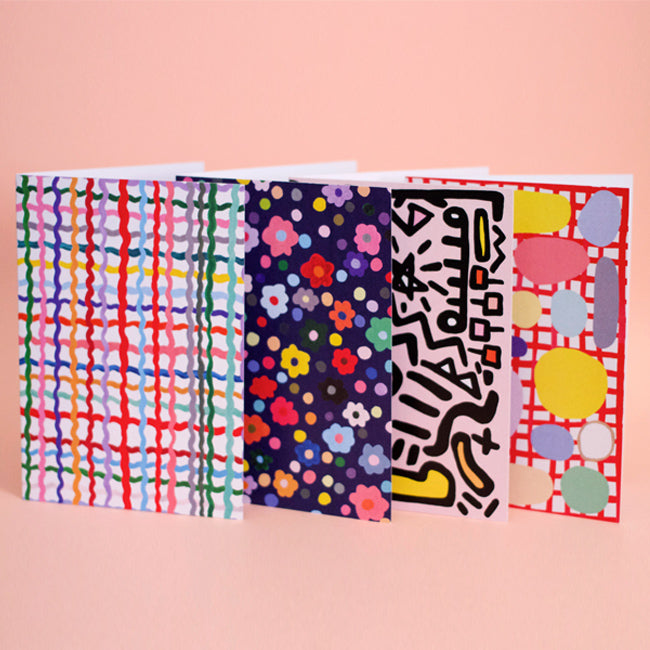 4 cards from the shuh. collection. Bright and fun colours and patterns. Each one is different. 