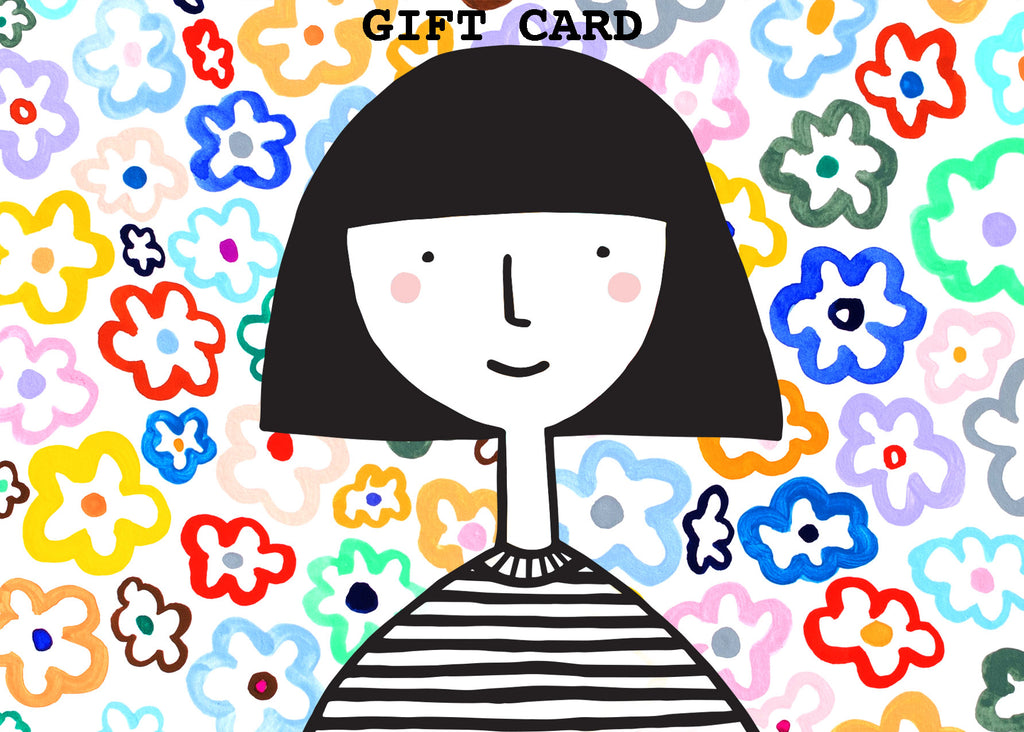 The shuh. digital gift card. Features shuh. girl over a background of multicoloured flowers. 