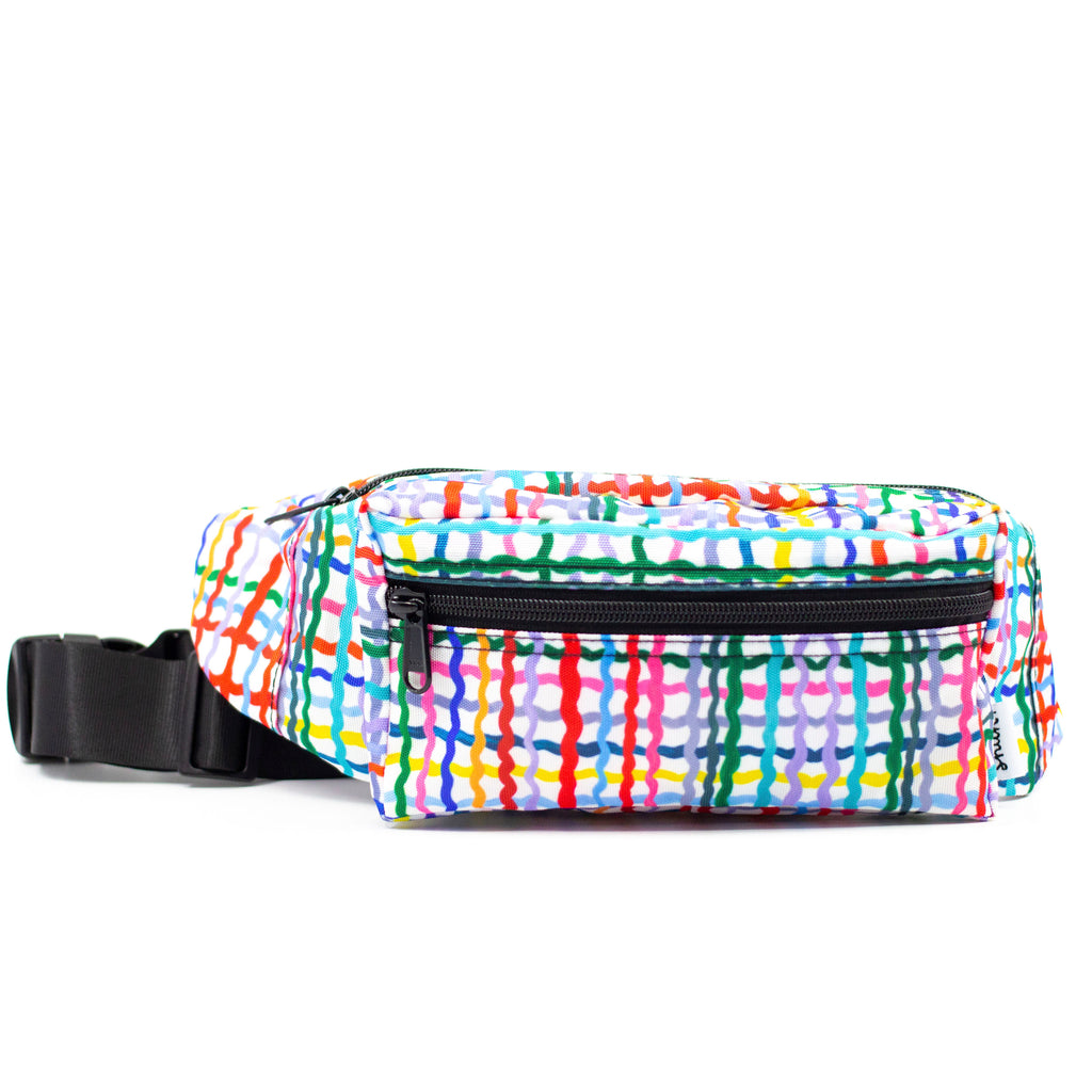 The wave bumbag front view. Pattern features wavy multicoloured lines on a black background. 