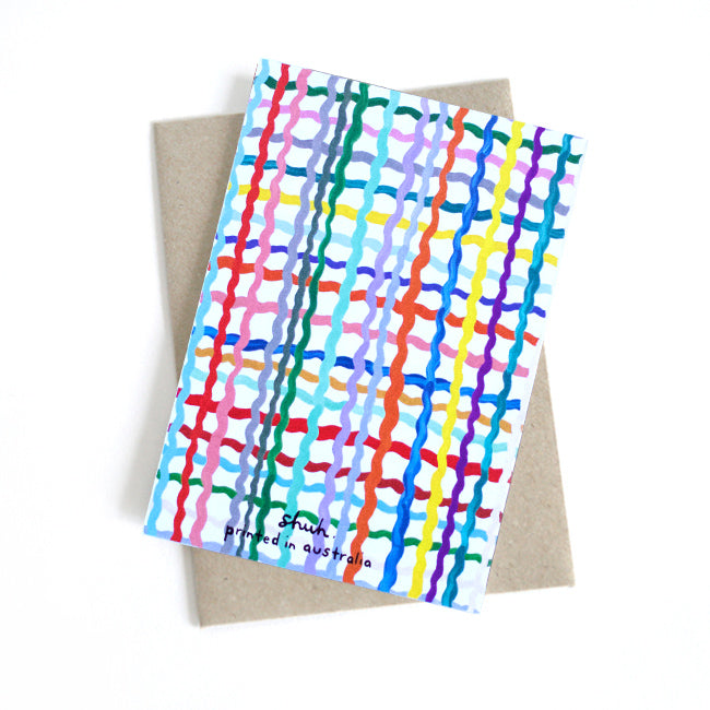 Back view of the Wave print card. Multicoloured wavy lines on a white background. 