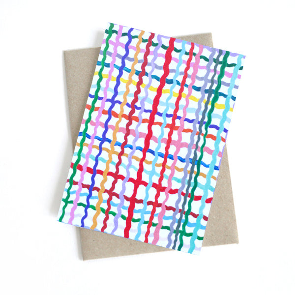 Front view of the Wave print card. Multicoloured wavy lines on a white background. 