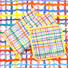 Top view of the Wave oven mitt and pot holder. Wavy multicoloured tartan pattern over a white background. 