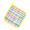 Top view of the Wave pot holder. Wavy multicoloured tartan pattern over a white background. 